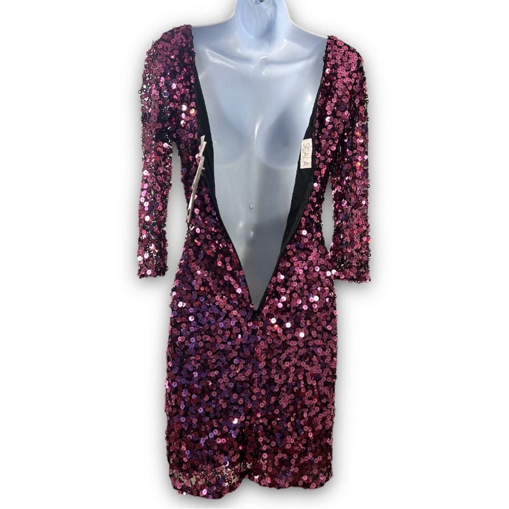 Nwt Scala Plum Pink Sequins Mesh Stretchy Bodycon Dress Size 4 - Picture 5 of 17